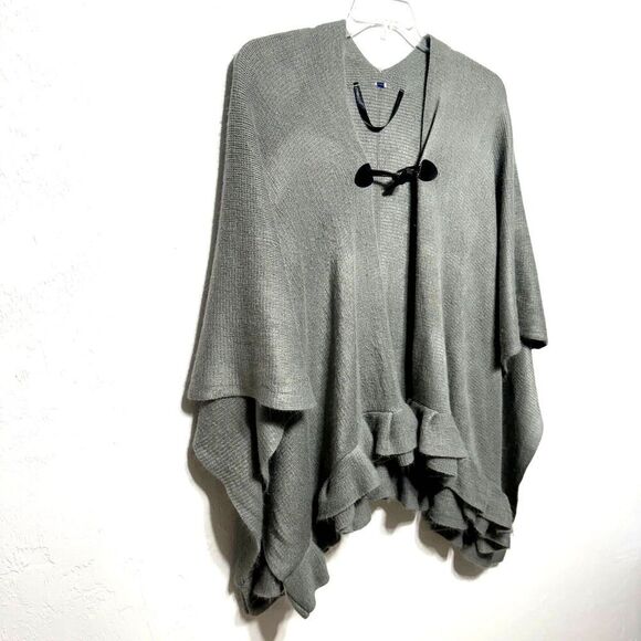 Apt. 9 Wrap Sweater Shawl Gray Knit Open Sides Poncho Ruffle Hem Womens One Size - Picture 2 of 7